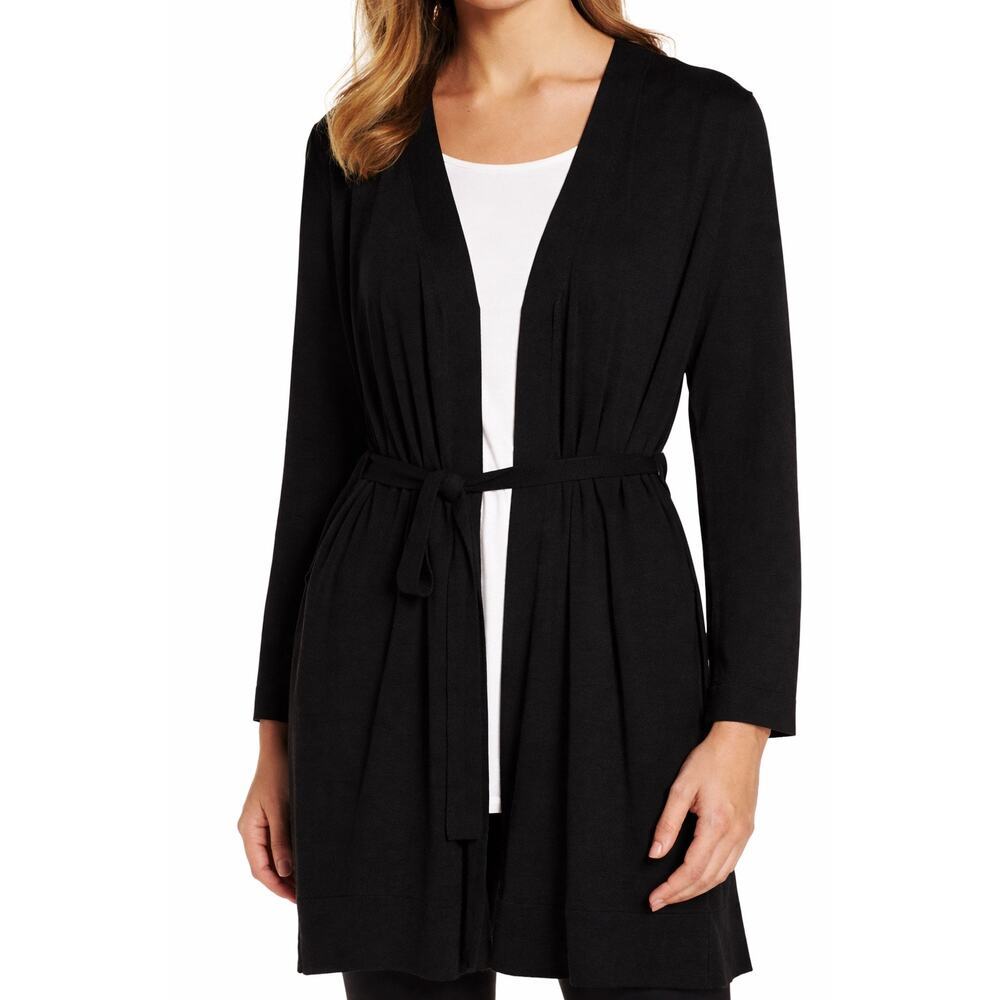 Eileen Fisher Tie Waist Cardigan Tencel Lyocell Organic Cotton Silk Black Large